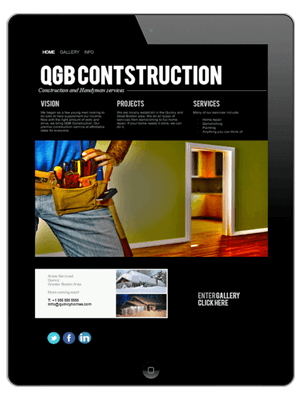 QGB Construction website with a dark layout, shown on a tablet