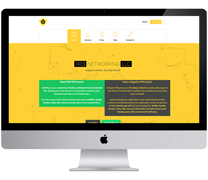 ResNetworking website with a yellow hero and icon navigation, shown on a desktop monitor