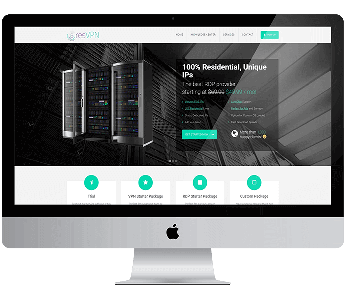resVPN website with a dark server-room hero and package cards, shown on a desktop monitor