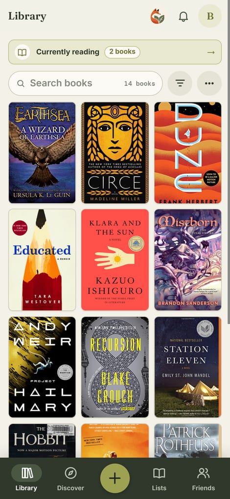 Foxleaf Library screen: a grid of book covers with a search bar