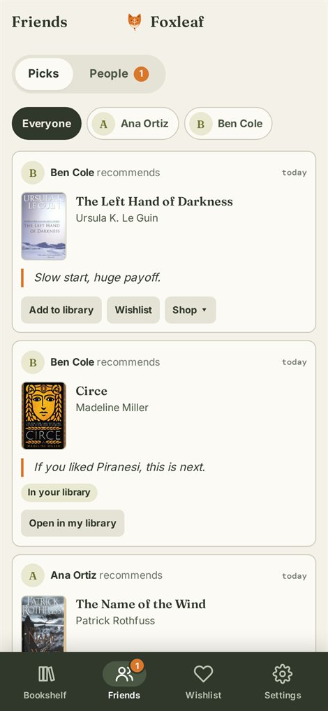 Foxleaf Friends view with book recommendations